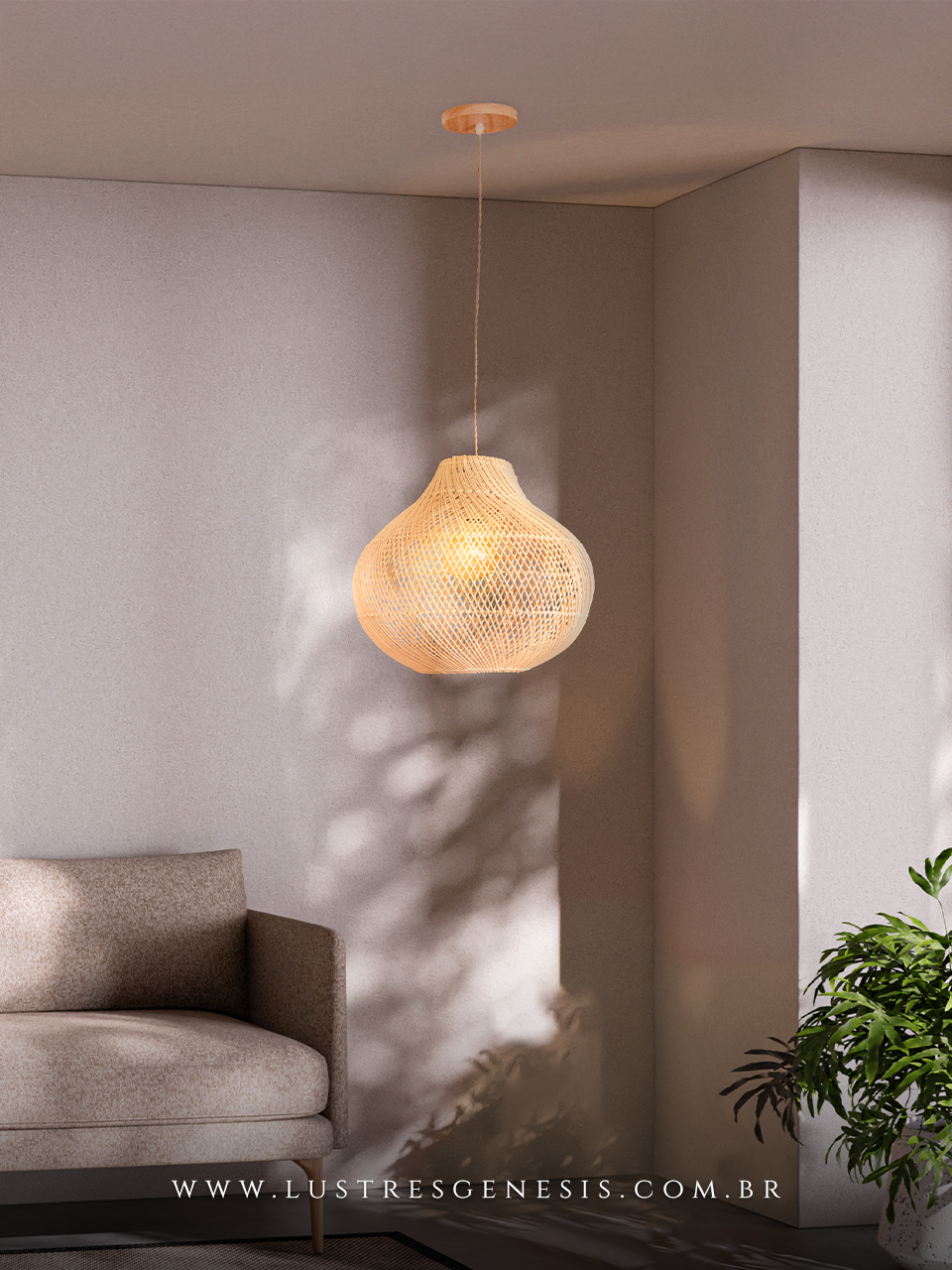 Pendente rústico de madeira e rattan Hao Ø70cm aceso, ideal para mesas, balcão de cozinha, área gourmet e sítios.